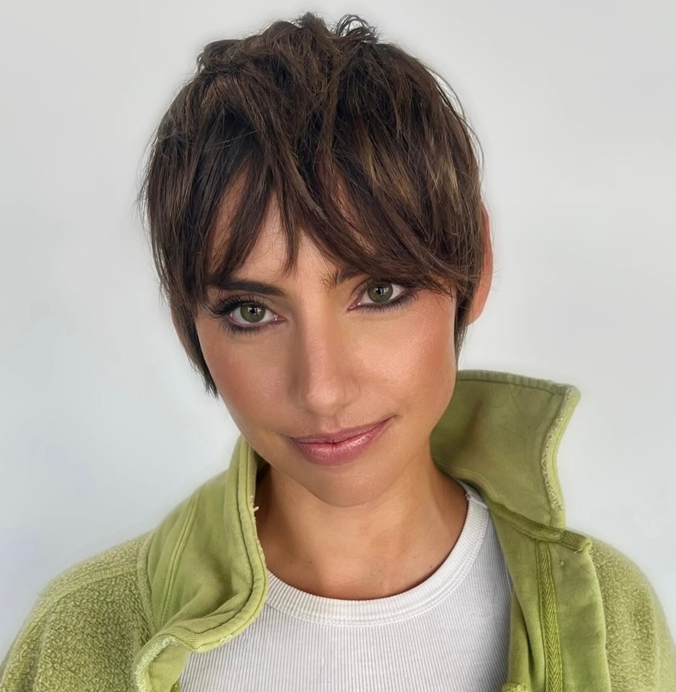 Forward Swept Textured Pixie with Long Bangs